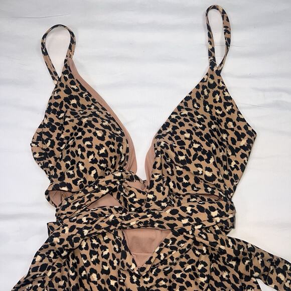 Aerie Swimsuit Size L Leopard Print Wrap One Piece Spaghetti Full Coverage Beach - Picture 2 of 12